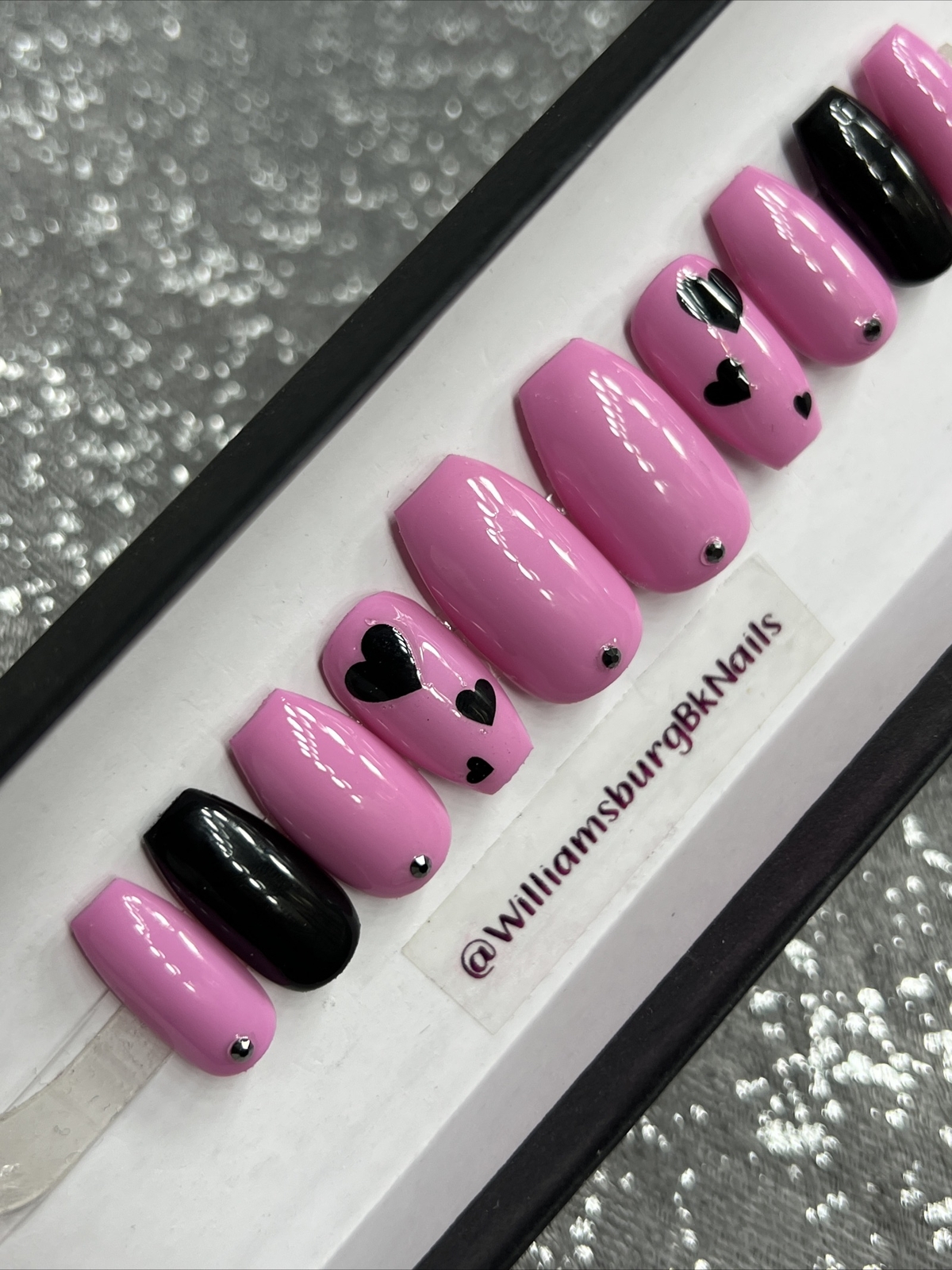 🖤 CUSTOM Gel Press On Nails, HOT PINK W BLING ,Coffin Short ,10p Set W/ kit NEW