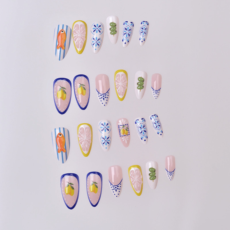 48pcs Oval Press on Nails, Blue White Lemon Fish 3D Hand Paint Summer Nails