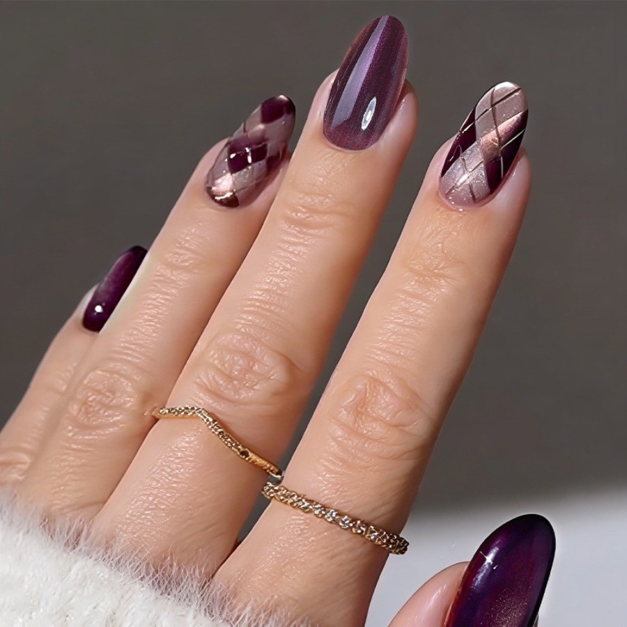 60pcs-Cat Eye Press on Nails Purple Almond Plaid Gold Lined Ornament Accents