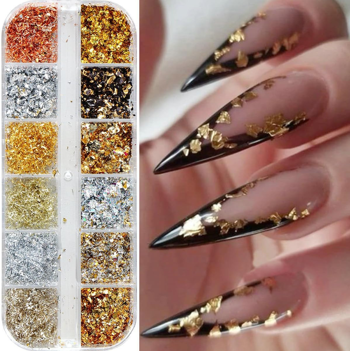 Holographic Nail Glitter Gold Foils for Kit, 12 Grids Sparkly Ultra-Thin Aluminu