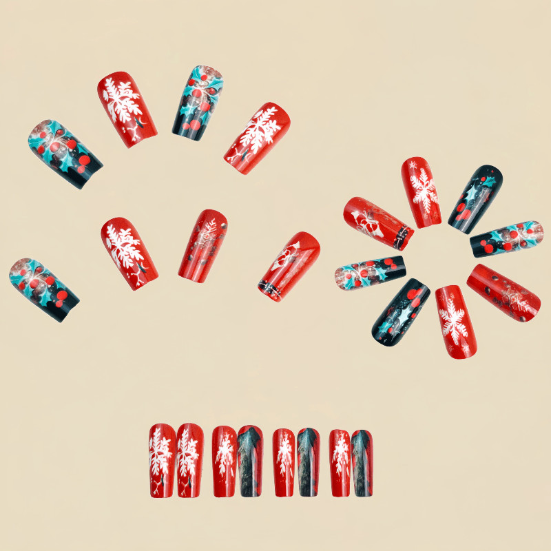 48P Long Coffin Press on Nails, Burgundy Holly Snowflake Luxury Fake Nails