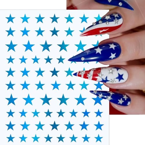 4th of July Nail Art Stickers, 6 Sheets Shiny Star Nail Red White Blue Star