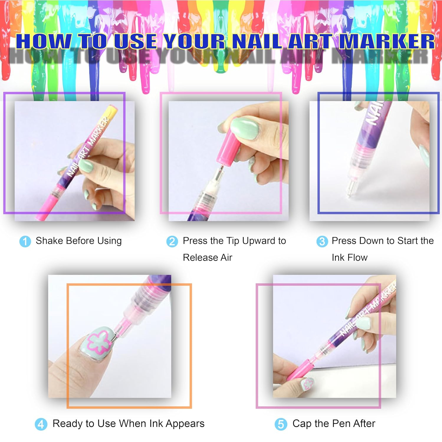 12 Colors Nail Art Pens Set, 3D Nail Polish Pens, Nail Art Markers for Gel Nails