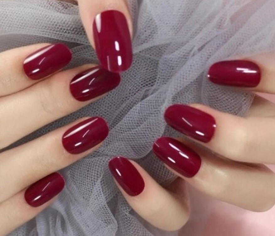 24 Maroon oval Press on Nails kit with glue dark red burgundy jelly glossy