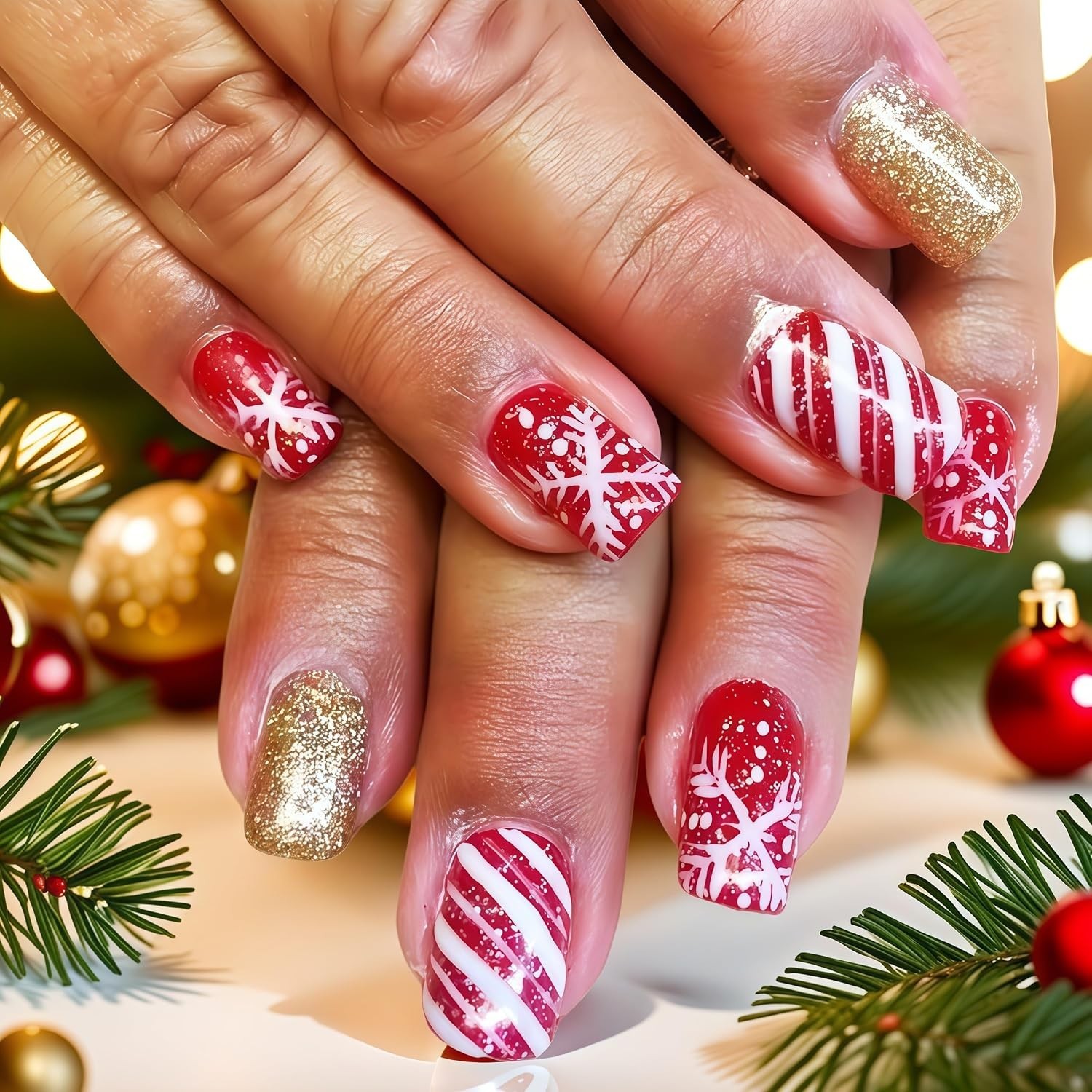 24Pcs Christmas Snowflake Press on Nails Short Square Fake Nails with Candy D…