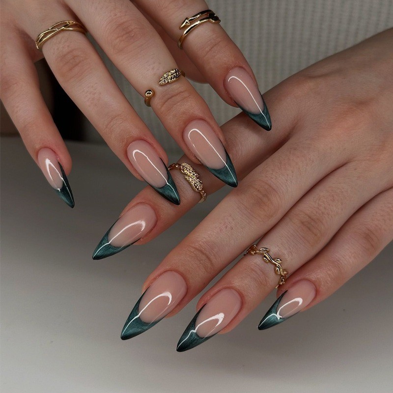 48pcs-Nude Stiletto Press on Nails with Glossy Deep Teal French Tips, Elegant