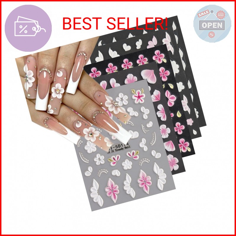 Fspronail 5D Embossed Flowers Nail Art Stickers, 5PCS Self-Adhesive Pink White F