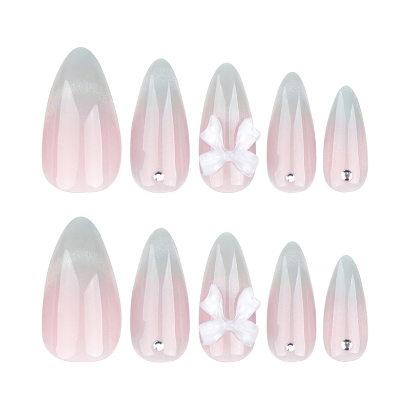 24pcs Sweet Cat Eye French Press on Nails 3D Bow Knot Diamond Almond False Nails