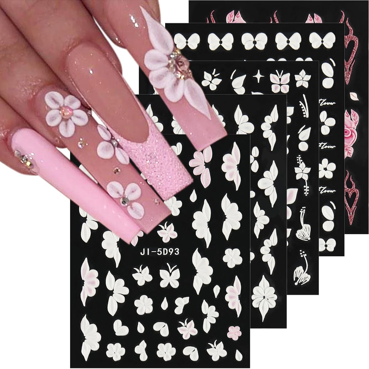 5D Embossed White Flowers Nail Stickers, 5 Sheets Self-Adhesive Floral Nail Deca