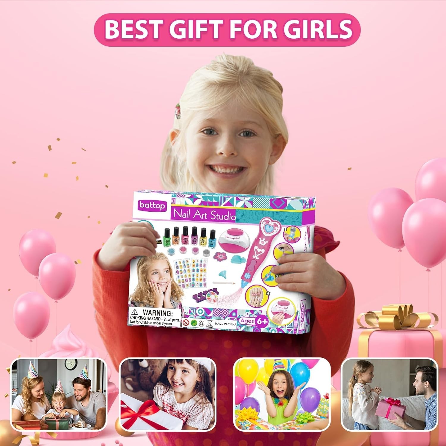 BATTOP Kids Nail Polish Set Nail Art Kit Dryer Glitter Gift Ages 6-12 Pink
