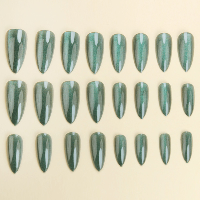 48Pcs-Long Almond Vibrant Teal Green Cat Eye Magnetic Gloss Press on Nails Set