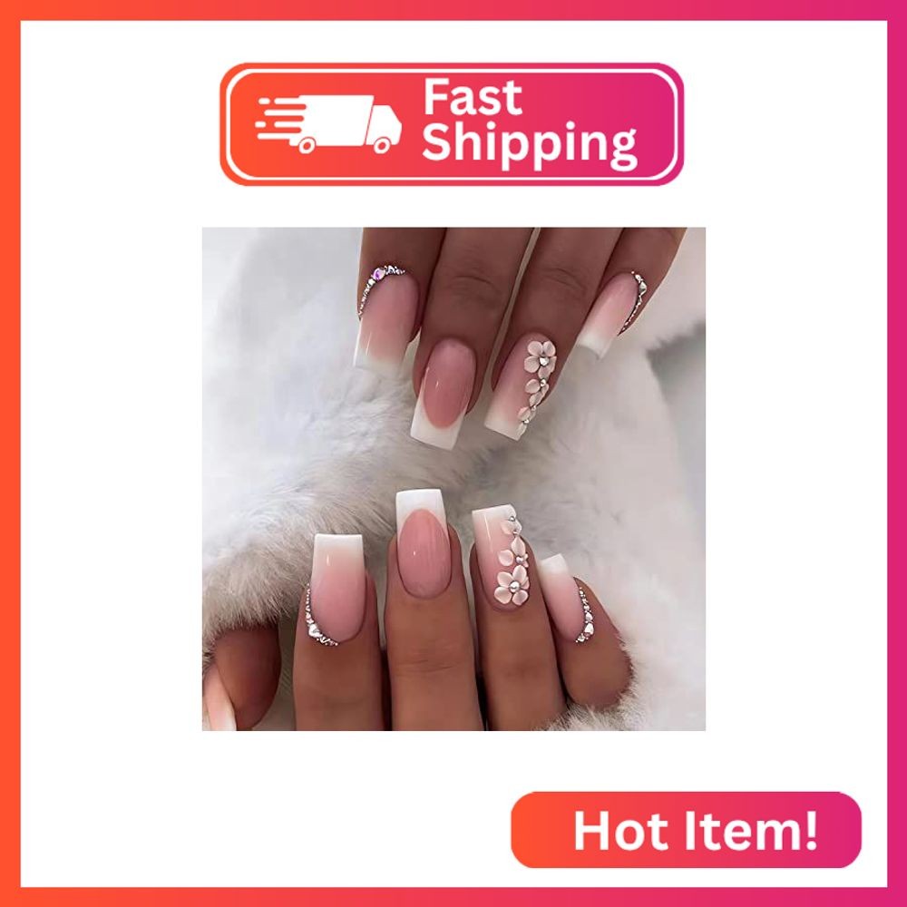 SINSEN Pink Square Fake Nails French Tip Press on Nails Medium Length, 24Pcs Whi