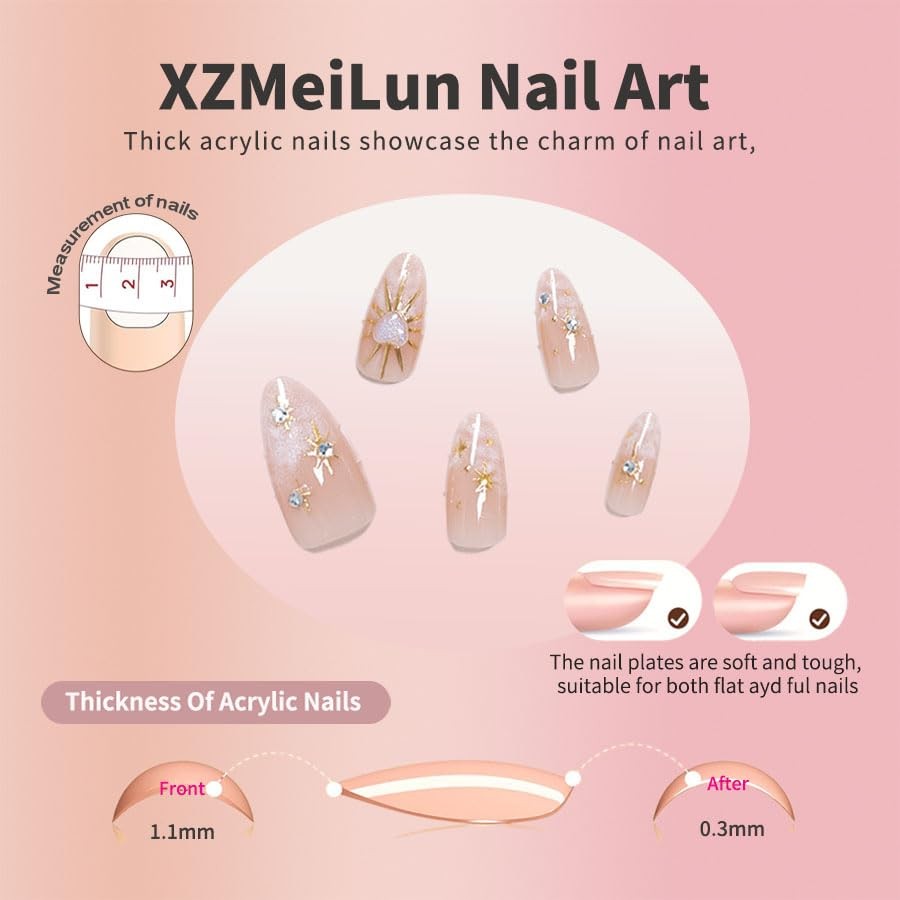 XZMeiLun 3D Boho Stars Gold Press On Nails 30 Pieces (Pack of 1), Q-1029