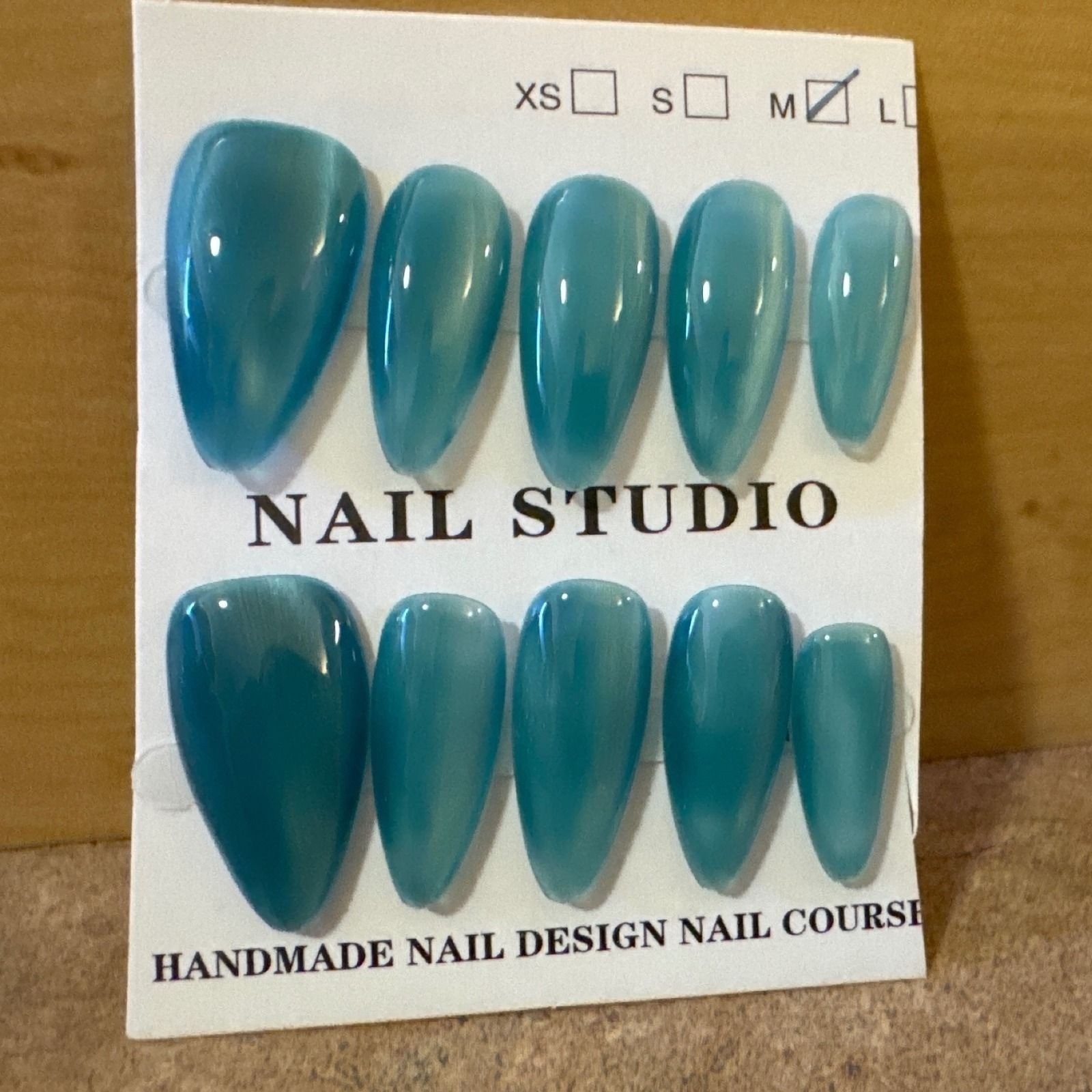Teal Blue Cat Eye Press On Nails Medium Almond Shape Glossy Shimmer Manicure Set