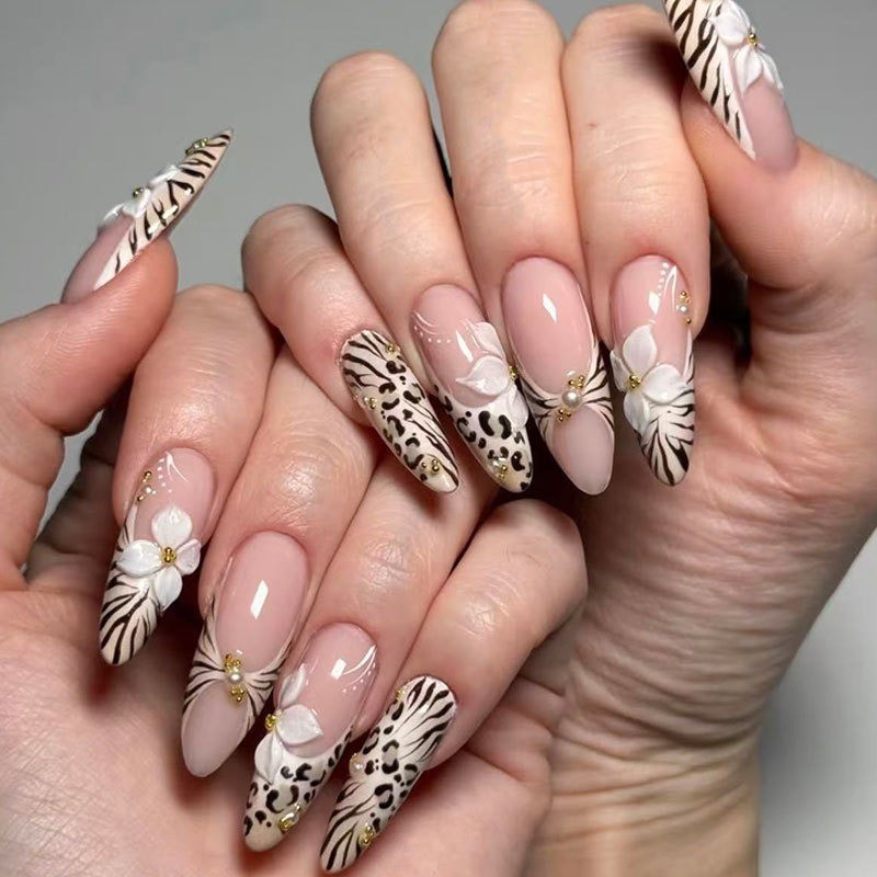 24pcs-Nude Pink Almond Nails with 3D White Flowers and Mixed Animal Print Tips