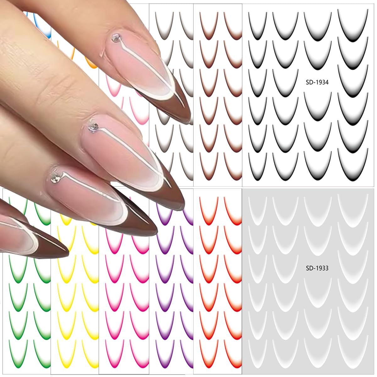 12Sheets Gradient French Line Nail Stickers, Colorful Stripes Line Transfer D…