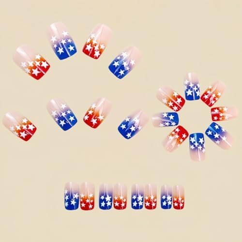 4th of July Press on Nails – Short Square Red White Blue Gradient Style-17