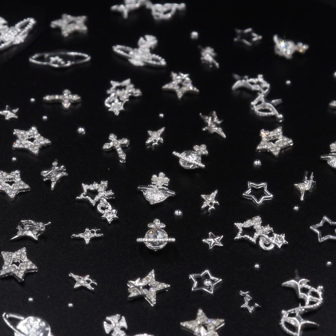 120+ Pcs Star Nail Charms Inlaid Rhinestones Gems, Silver Star Planet Cross N…