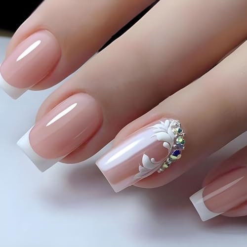 French Tip Press on Nails Medium Square Fake Nails White Lace with Style27