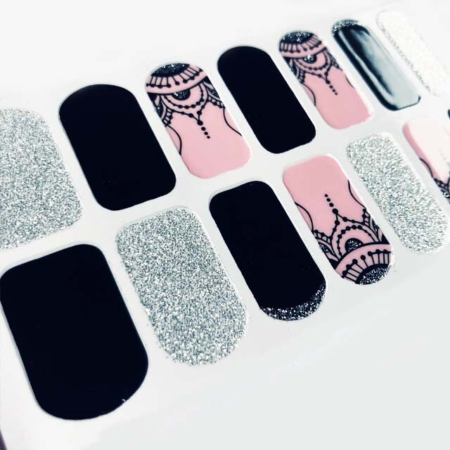 Pink Black Silver Medallion Nail Stickers, Mandala Nail Strips, DIY Home Mani