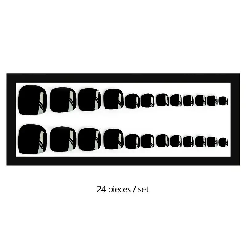 24 Fake Nails Black Press On Toenails Short Style Kit Glossy Goth Grunge Punk