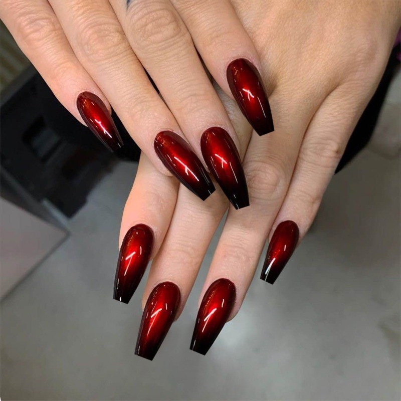 48Pcs-Glossy Red Black Gradient Press on Nails Glossy Long Coffin Nail Art Set
