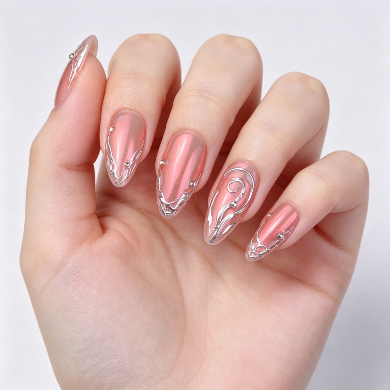 Handmade Chrome Pink Press On Nails Medium Almond 3D Metal Rose Y2K Punk Glam