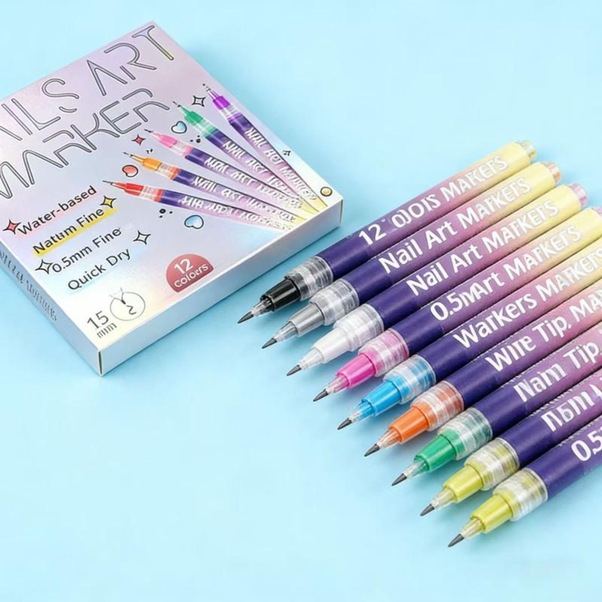 12-Color Nail Art Marker Set–Quick-Drying Acrylic Pens for DIY Manicures