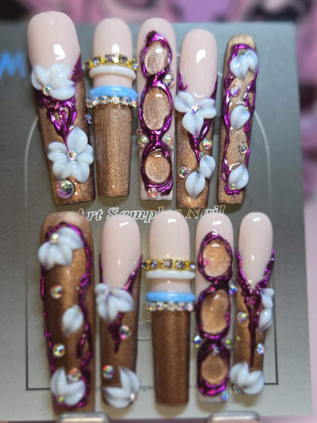 Press On Nails Handmade Medium 3xl Nude brown cateye purple Y2k BangleBracelet