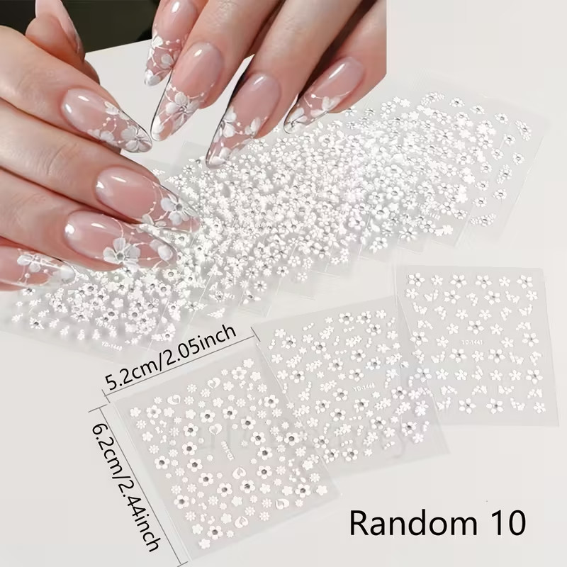 10 Sheets 3D Nail Art Stickers Decals Mixed Flower Design DIY Manicure