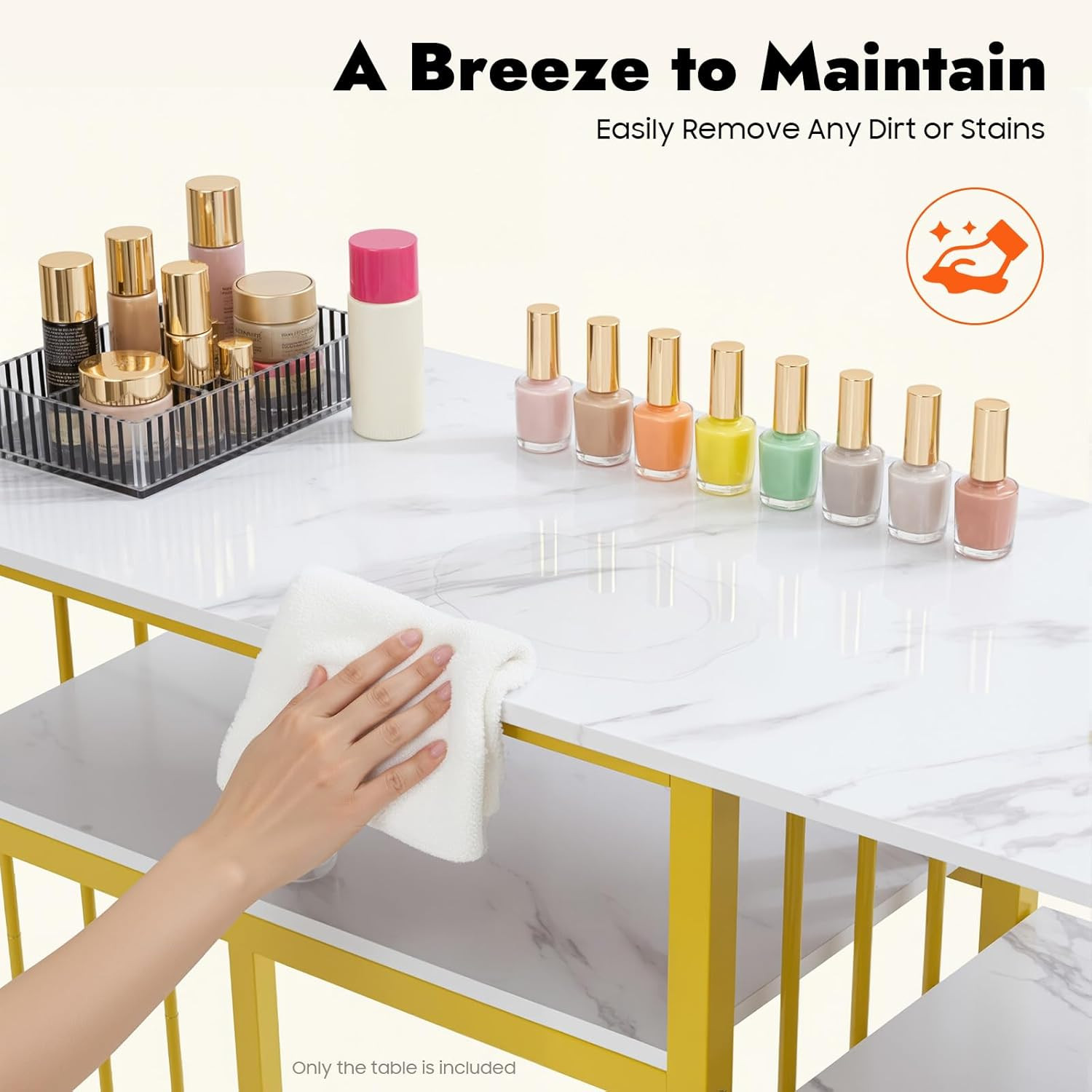 Marbling Texture Manicure Desk with 3 Drawers, Gold and White Nail Desk for Nail