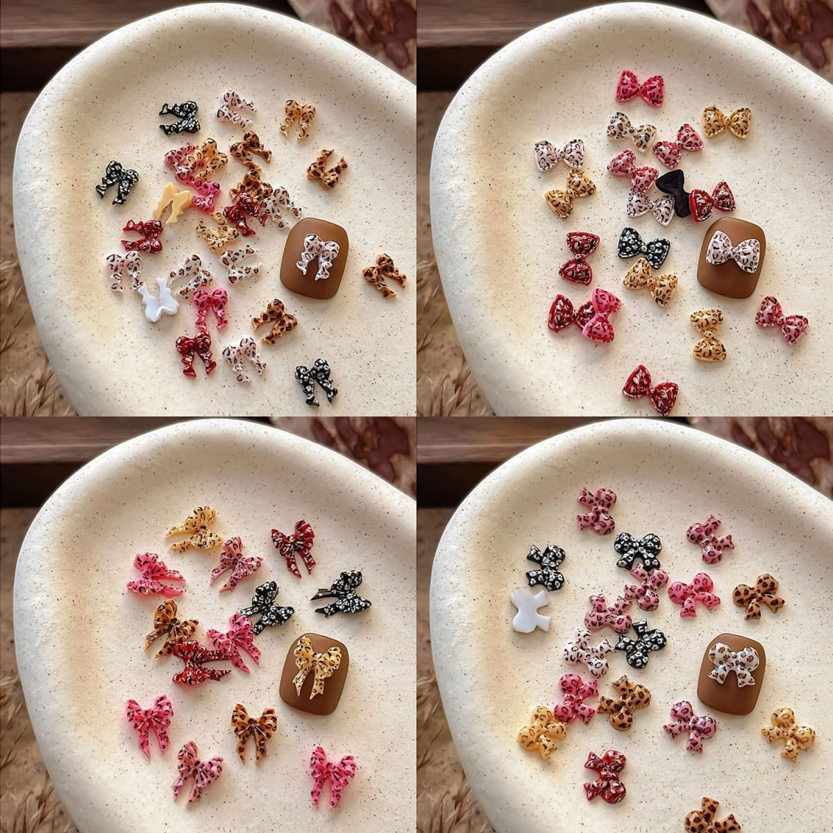 150Pcs Bow Heart Nail Art Charms Bow Nail Rhinestone with Leopard Print Designs