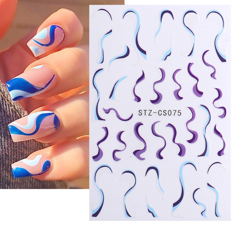 7Pcs Nail Art Stickers Decal Pink White French Line Swirl Wave Geometric NS7