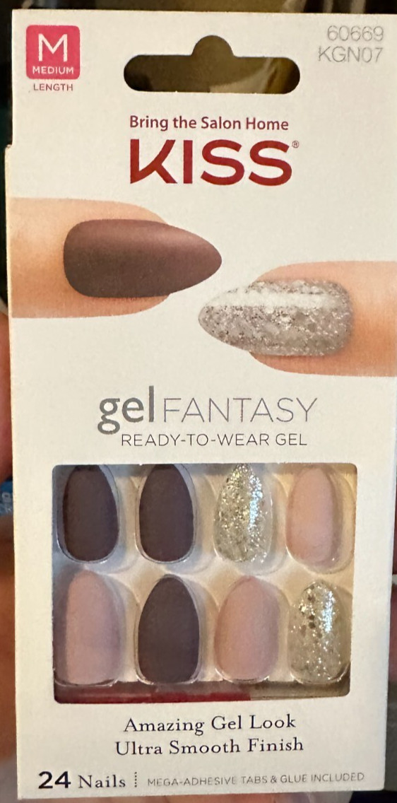 Kiss Nails Glam Fantasy Almond shape Medium PINK mauve purple matte glitter