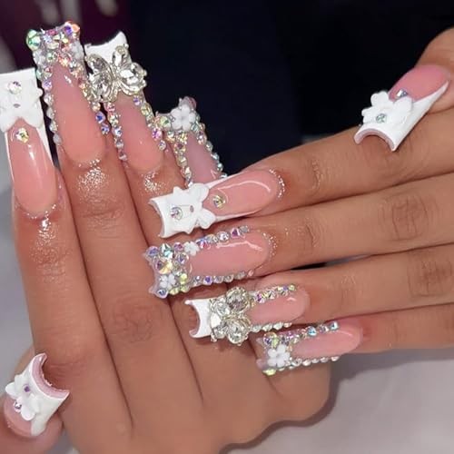 Long Square Press On Nails French Tip White Fake Nails with Butterfly Charm