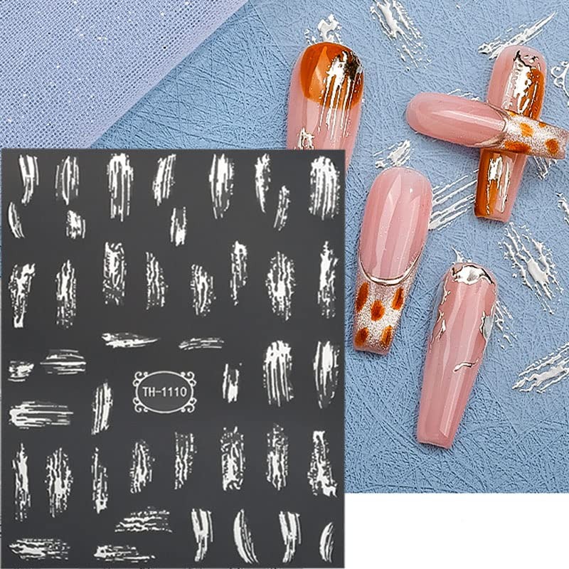 Metallic Silver Lines Nail Stickers – 6 Sheets, 3D Wave Lines, Irregular