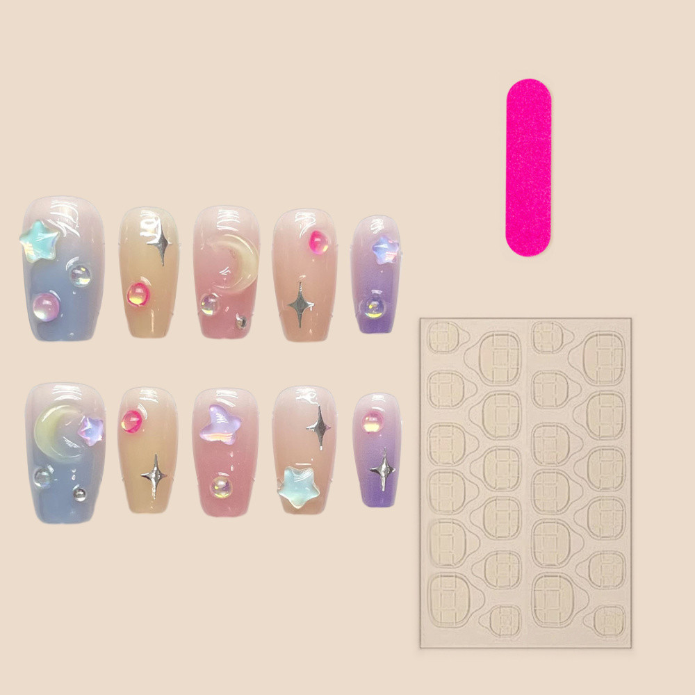 Medium Coffin Fake Nail Sweet Press-on Nail 3D Decor Moon Star False Nail 10 Pcs