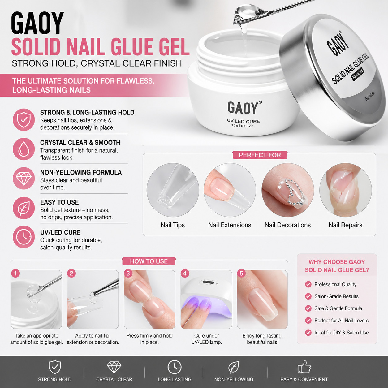 Solid Nail Glue Gel for Nail Tips, 15g Strong Solid Glue for Press Ons, False an
