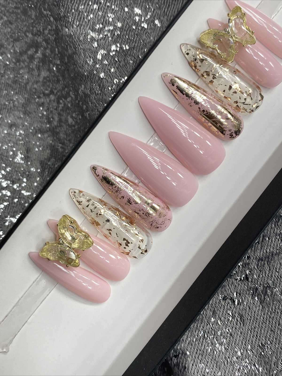 🔥 CUSTOM Gel Press On Nails, PINK W BLING , Stiletto Long, 10p Set W/ KIT NEW