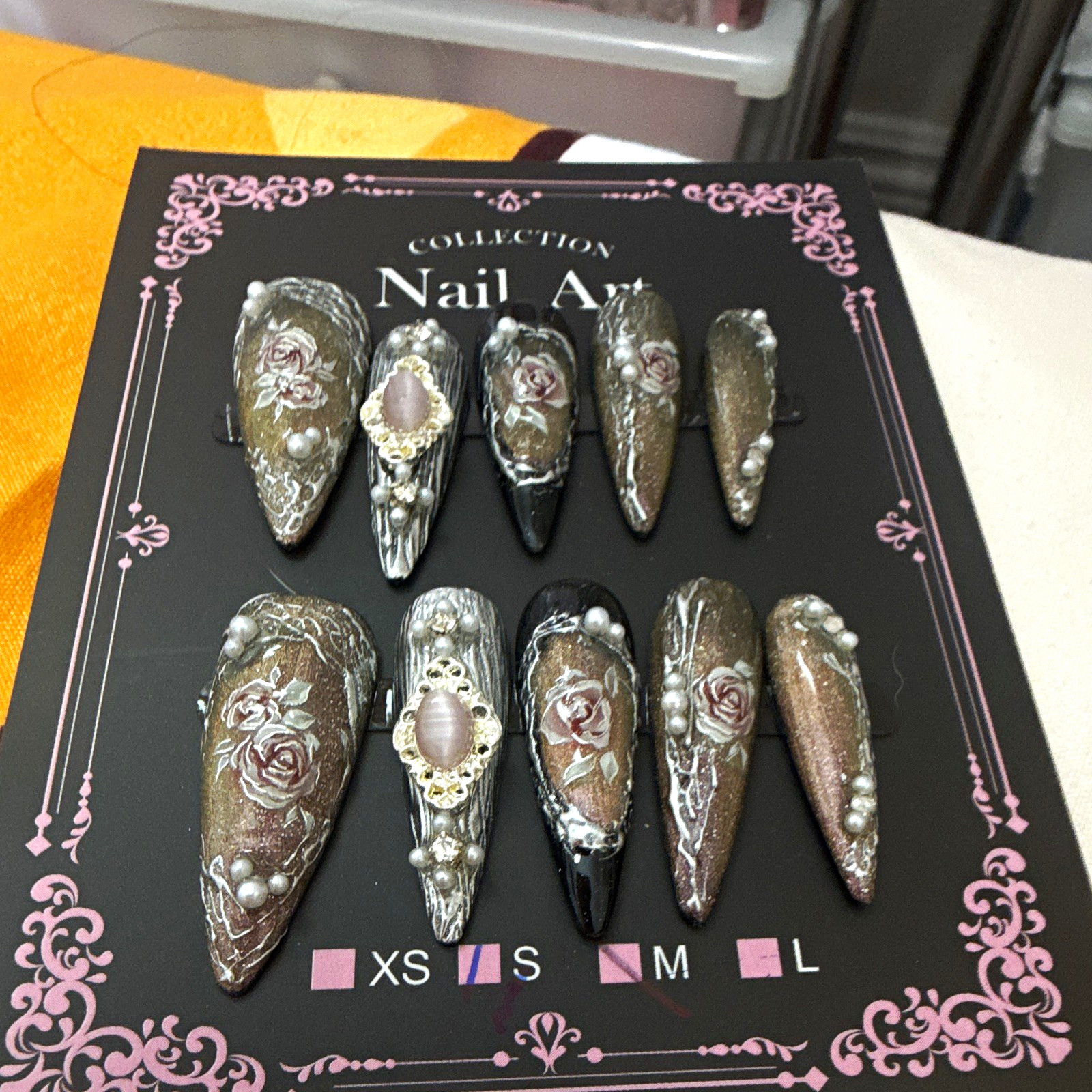 S size Black & Beige 3D Pearl Rose Long Stiletto handmade Press-On Nails Set