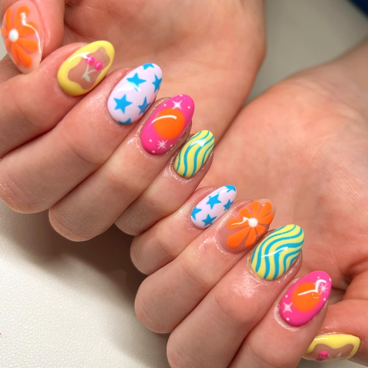24Pcs French Press On Nails Short Oval Red Hawaii Flower Summer Stick On Nail