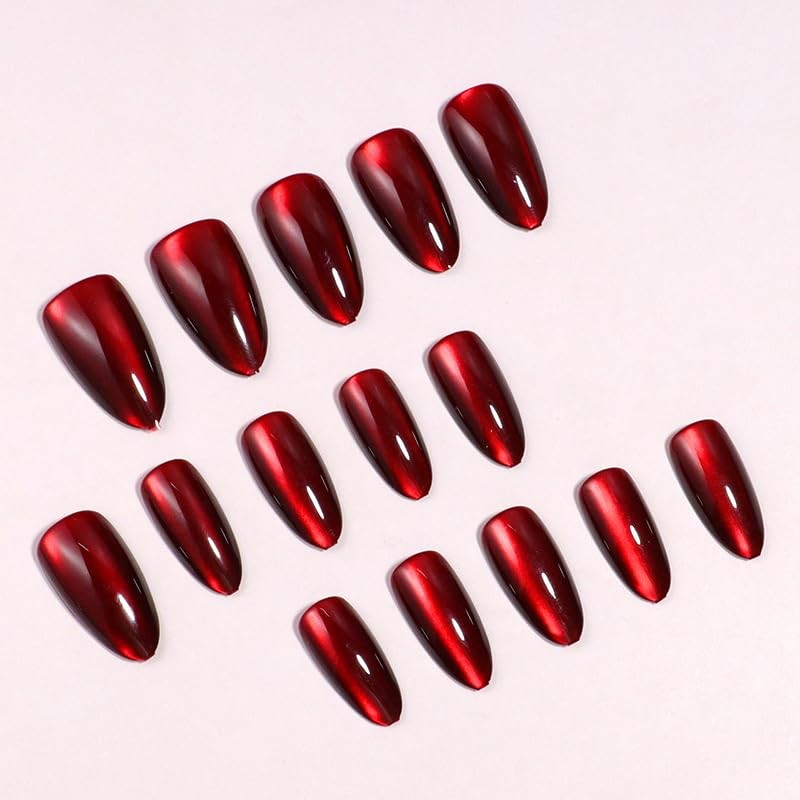 30Pcs Wine Red Press on Nails Short Almond Fake Nails Cat Eye Medium Style 35
