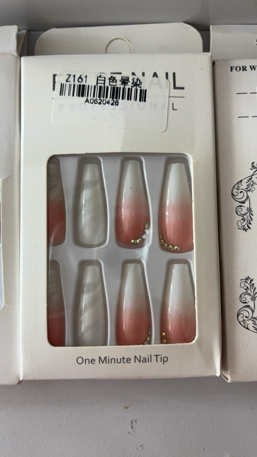 Glue On Nails Long Coffin French Butterfly Pre-Designed Full Cover JP1616