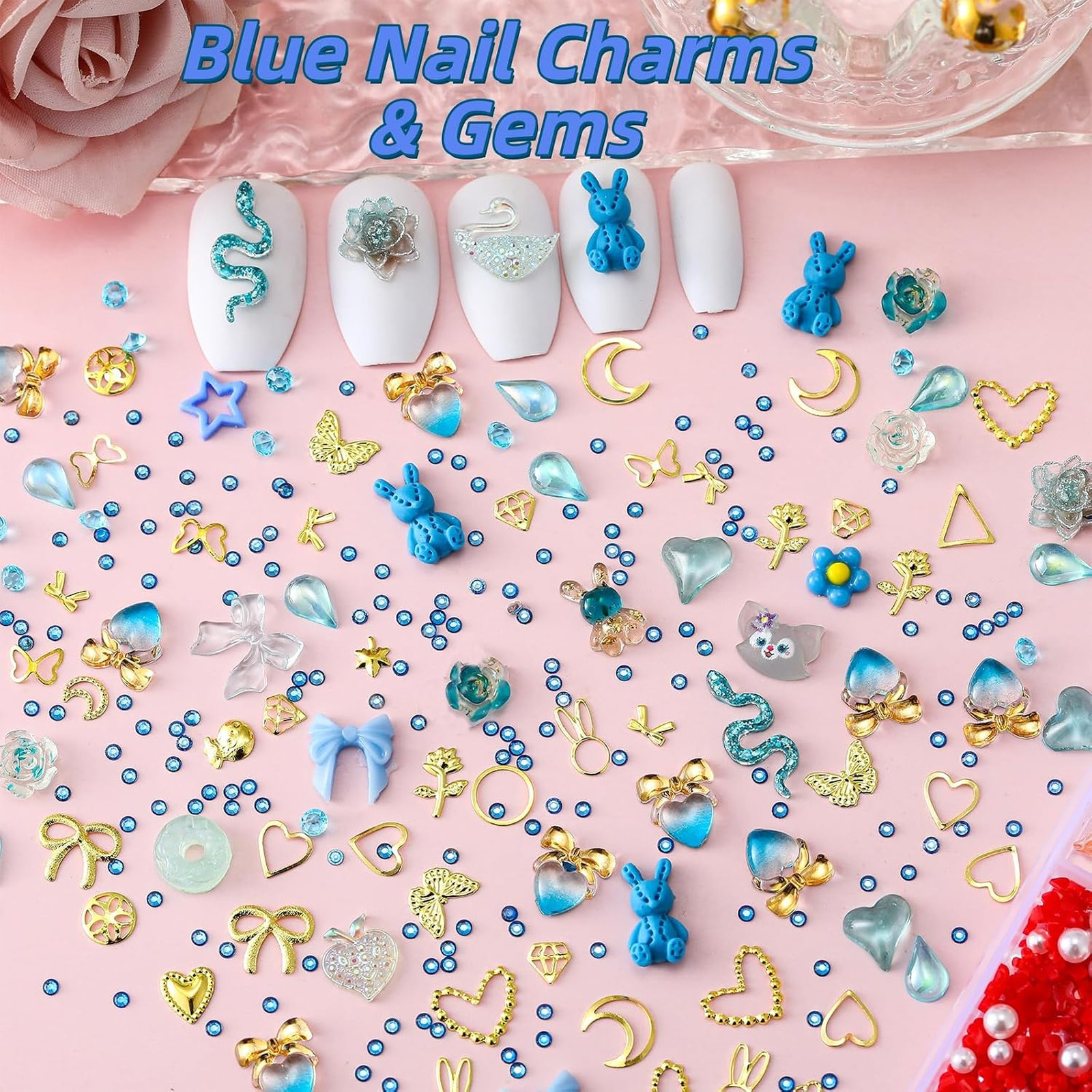 8000Pcs Nail Charms and Gems, 3D Butterfly Bow Star Moon Flowers Gold Jewelry