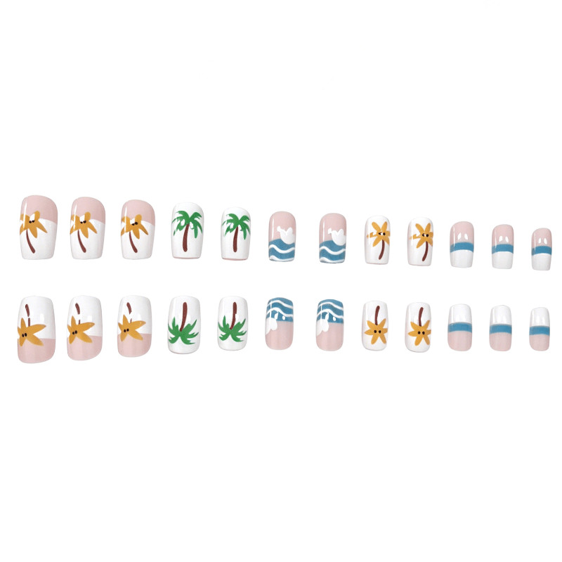 48 Pcs Palm Tree Wave Short Square Press on Nails, Beach Summer Fake Nails