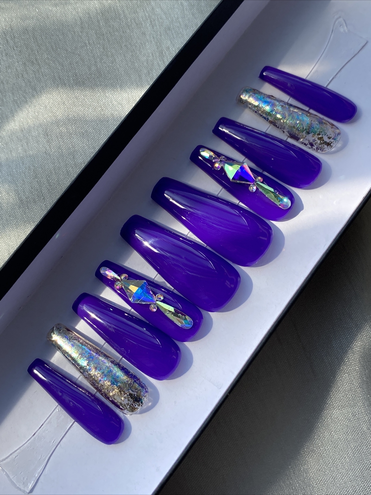 Luxury Gel Press On Nails,Marine W Bling , Long Coffin, 10p Nail Set W/ kit