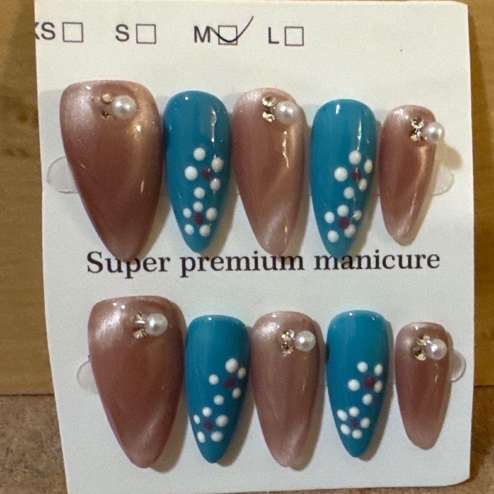 Super Premium Manicure Press On Nails Rose Gold Cat Eye Teal Pearl Almond Size M