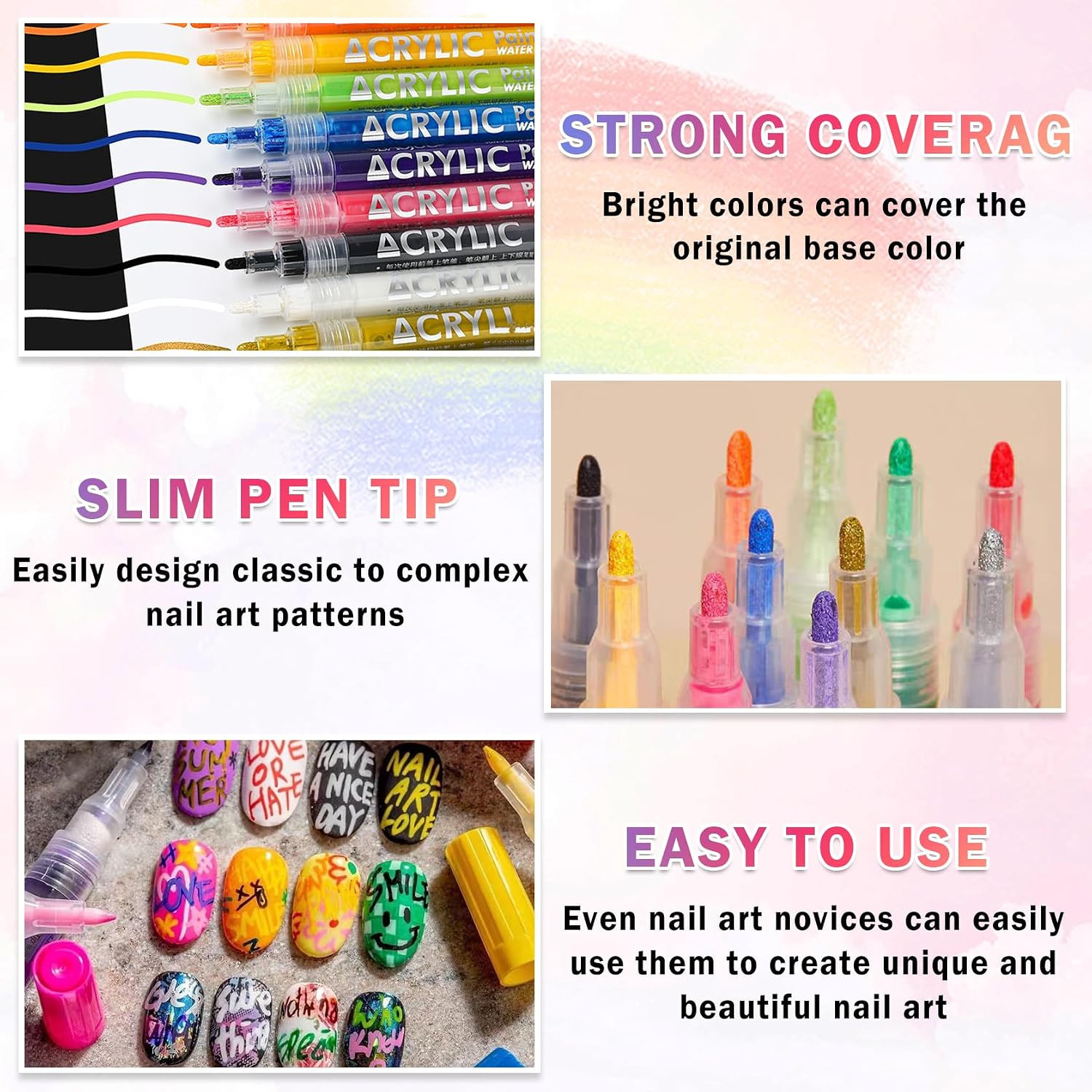 12 Colors Nail Art Pens Set, Nail Polish Markers Pens Quick Dry | 3D Acrylic Pai