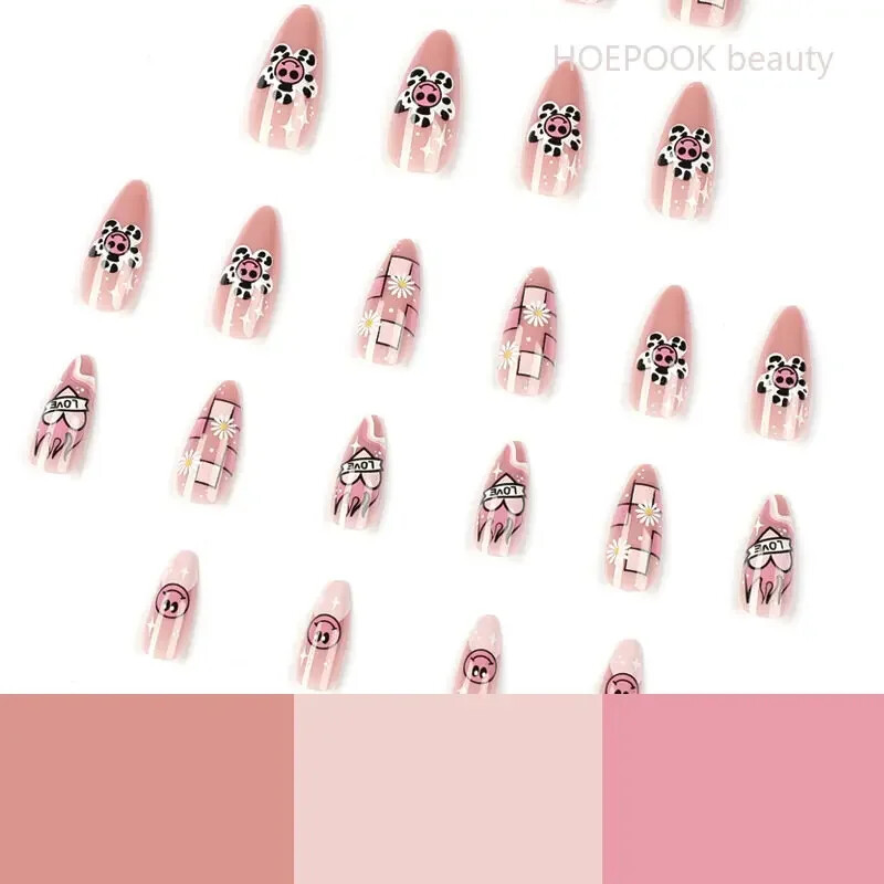 24Pcs Pink Cartoon Coffin Cute Kawaii Press on Nails Full Cover Waterproof