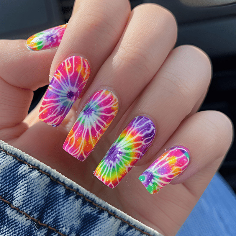 48P Medium Coffin Press on Nails, Rainbow Tie Dye Swirl Colorful Fake Nails